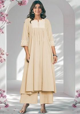 Beige Embroidered Poly Blended Kurta Sets