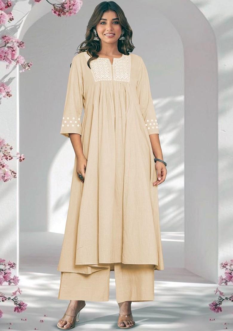 Beige Embroidered Poly Blended Kurta Sets - Indya