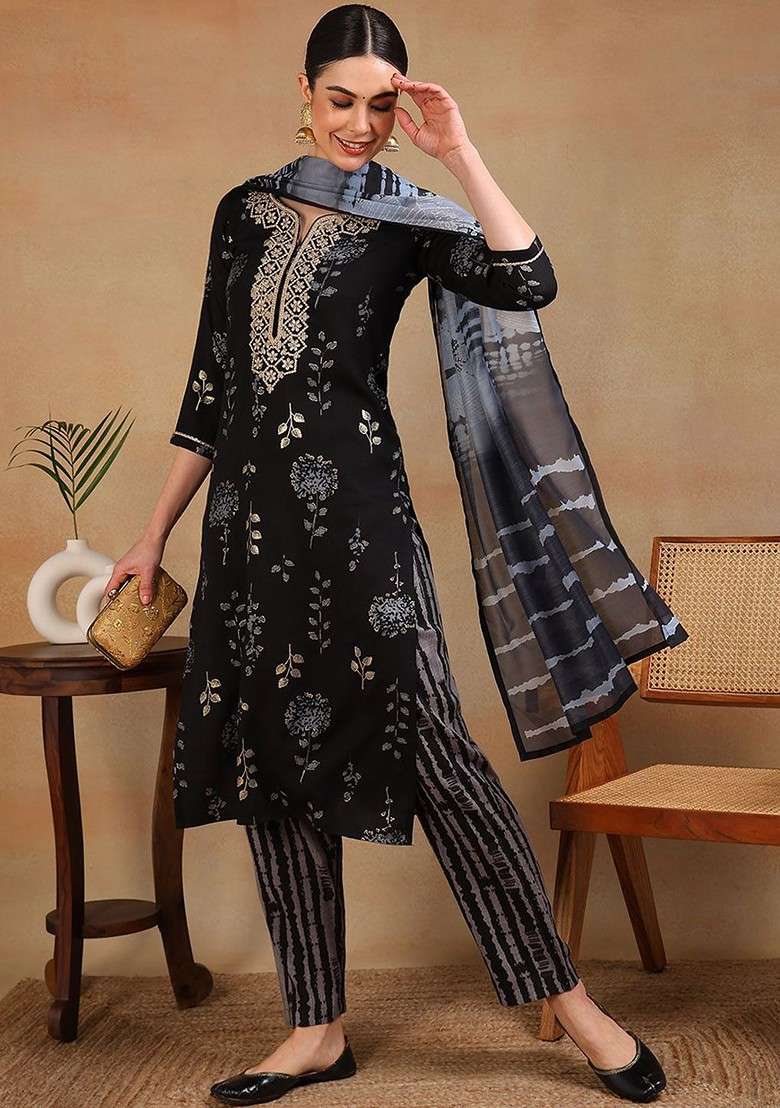 Black Embroidered Poly Blended Kurta Sets - Indya