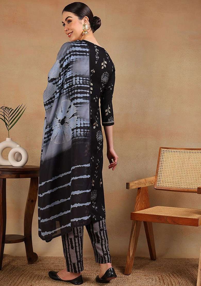 Black Embroidered Poly Blended Kurta Sets - Indya