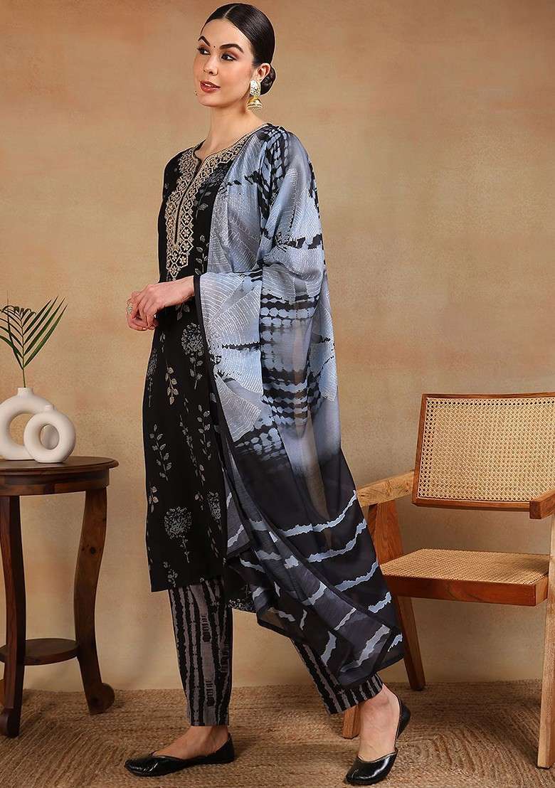 Black Embroidered Poly Blended Kurta Sets - Indya