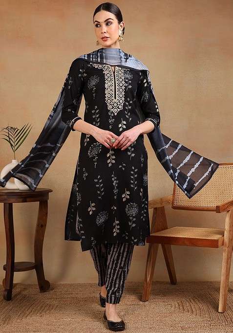 Black Embroidered Poly Blended Kurta Sets