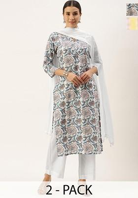 Grey Embroidered Poly Blended Kurta Sets