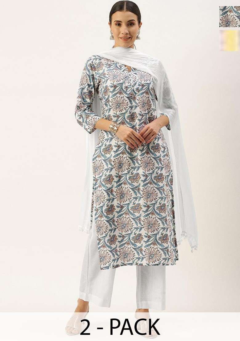 Grey Embroidered Poly Blended Kurta Sets - Indya
