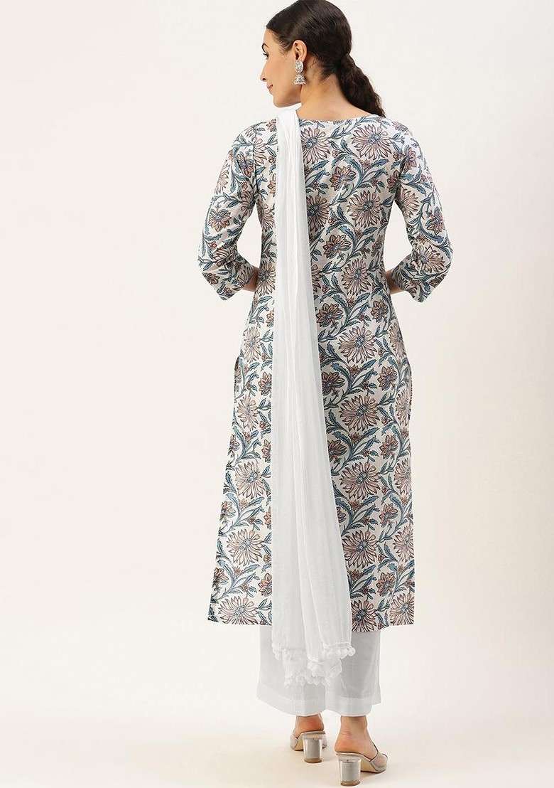 Grey Embroidered Poly Blended Kurta Sets - Indya