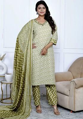 Olive Embroidered Poly Blended Kurta Sets