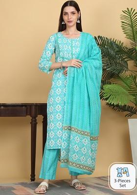 Turquoise Blue Embroidered Poly Blended Kurta Sets