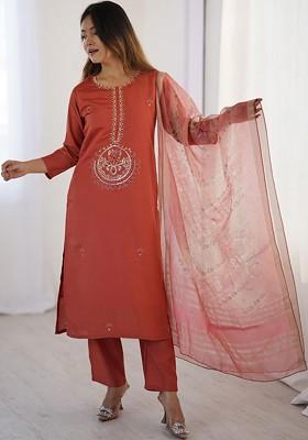 Orange Embroidered Poly Blended Kurta Sets