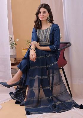 Teal Embroidered Poly Blended Kurta Sets
