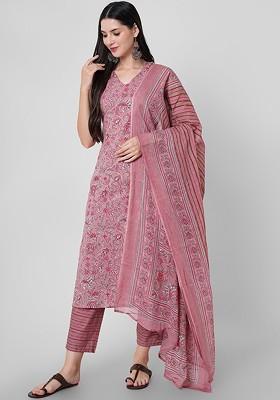 Peach Embroidered Poly Blended Kurta Sets