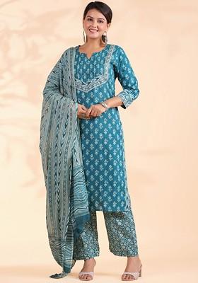 Turquoise Blue Embroidered Poly Blended Kurta Sets