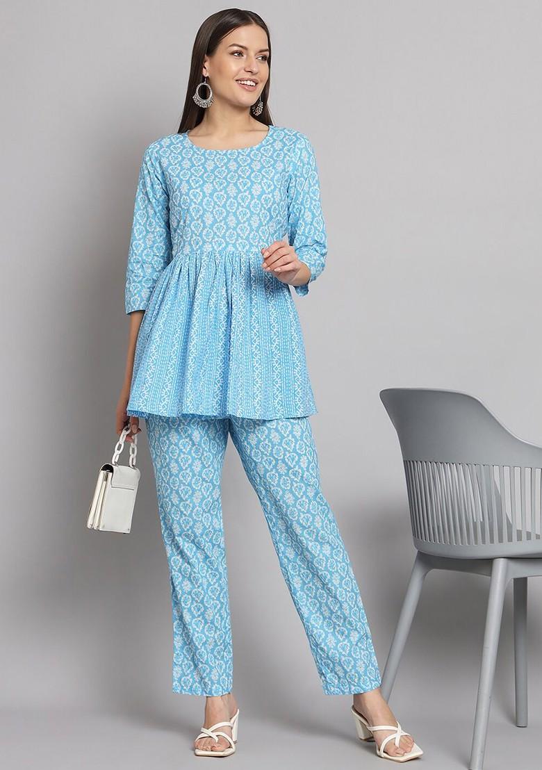 Blue Embroidered Poly Blended Kurta Sets - Indya