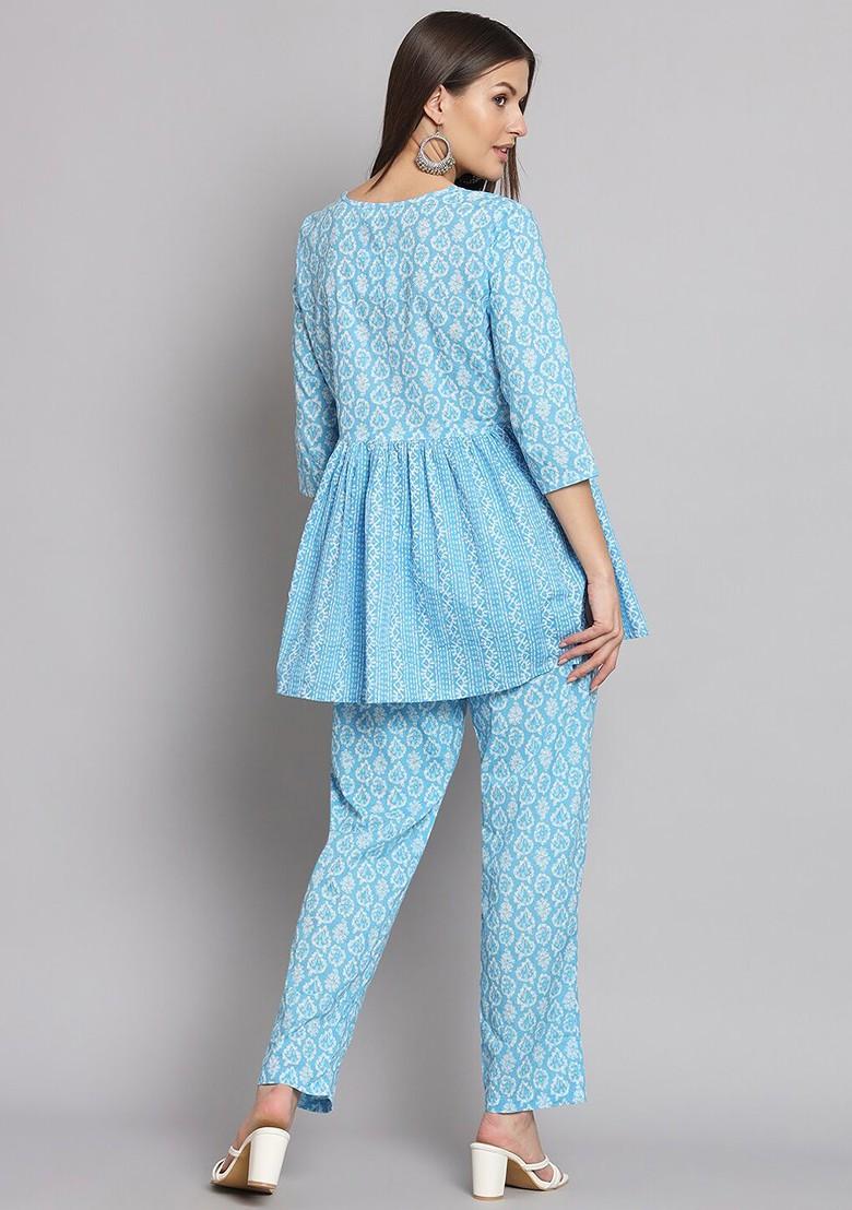 Blue Embroidered Poly Blended Kurta Sets - Indya