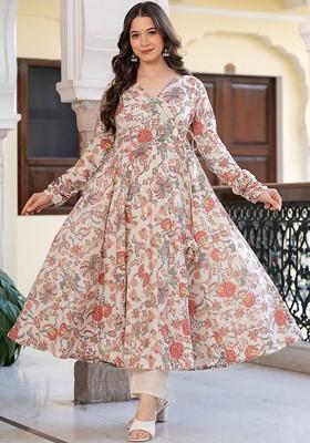 Off White Embroidered Poly Blended Kurta Sets