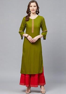 Olive Embroidered Poly Blended Kurta Sets