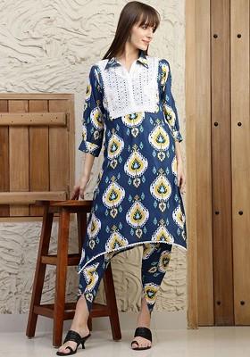 Navy Blue Embroidered Poly Blended Kurta Sets