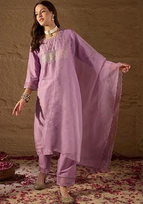 Lavender Embroidered Poly Blended Kurta Sets