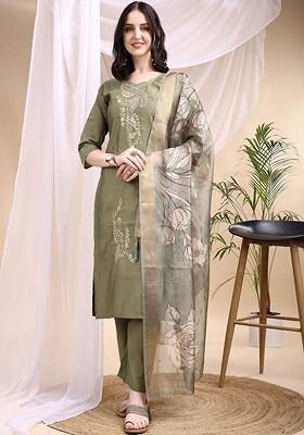 Olive Embroidered Poly Blended Kurta Sets