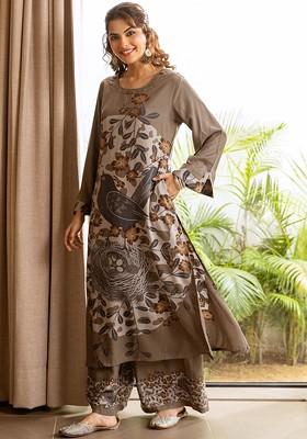 Grey Embroidered Poly Blended Kurta Sets