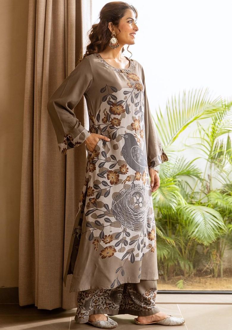 Grey Embroidered Poly Blended Kurta Sets - Indya