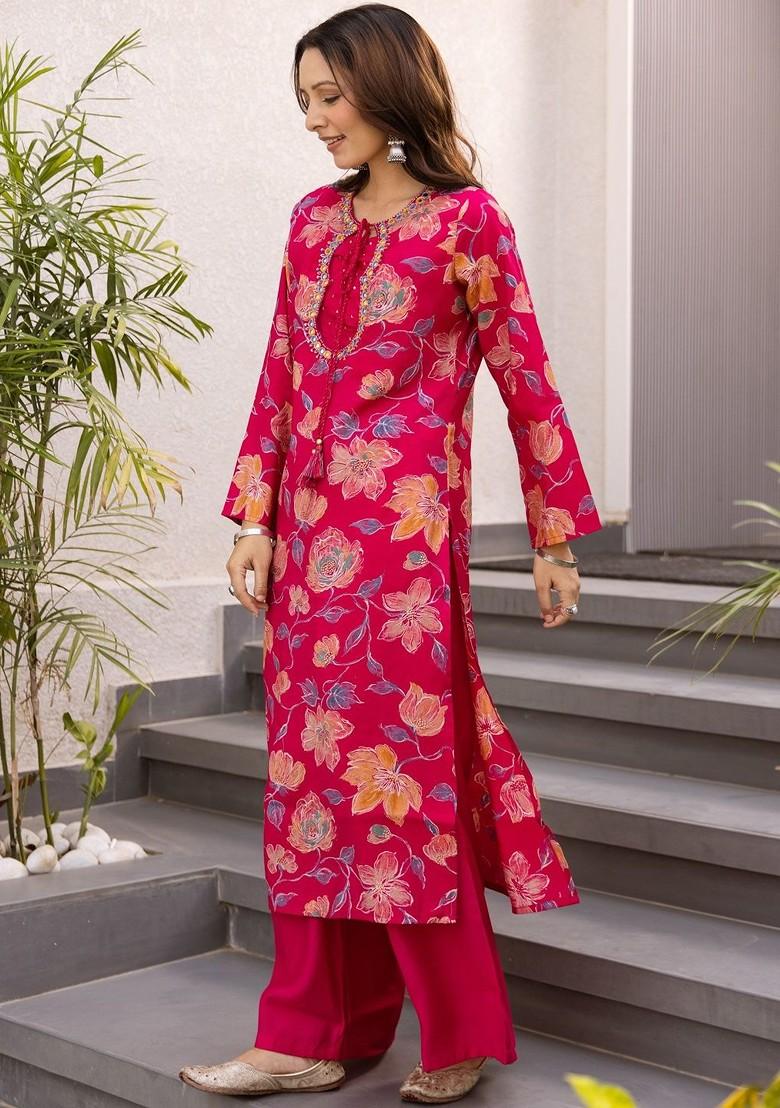 Pink Embroidered Poly Blended Kurta Sets