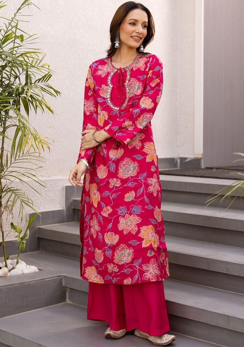 Pink Embroidered Poly Blended Kurta Sets