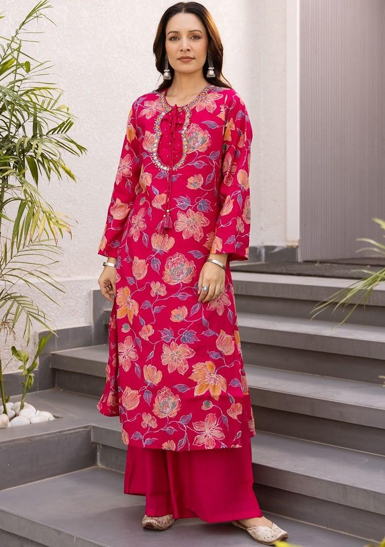 Pink Embroidered Poly Blended Kurta Sets