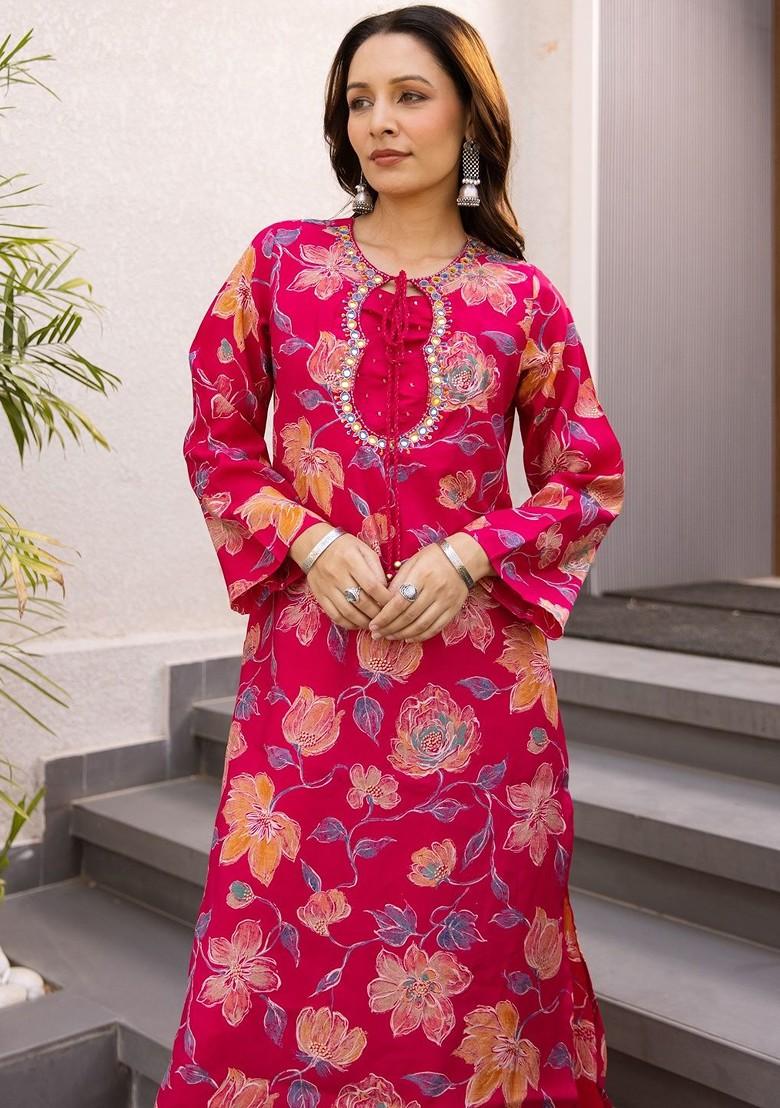 Pink Embroidered Poly Blended Kurta Sets