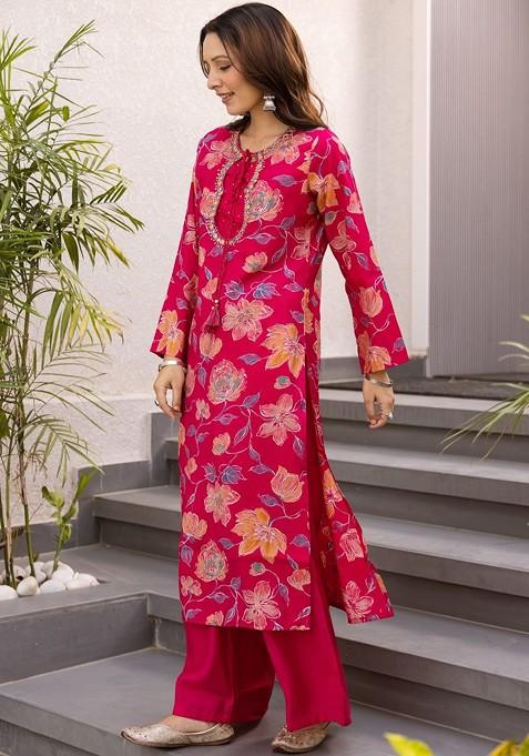 Pink Embroidered Poly Blended Kurta Sets