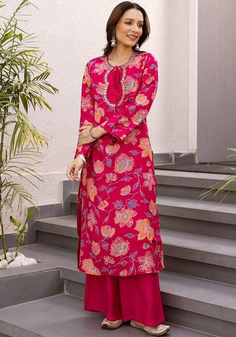 Pink Embroidered Poly Blended Kurta Sets