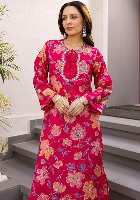 Pink Embroidered Poly Blended Kurta Sets