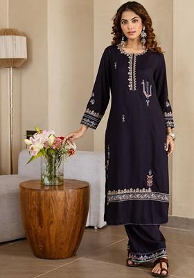 Navy Blue Embroidered Poly Blended Kurta Sets