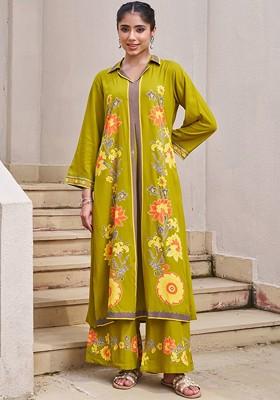 Olive Embroidered Poly Blended Kurta Sets
