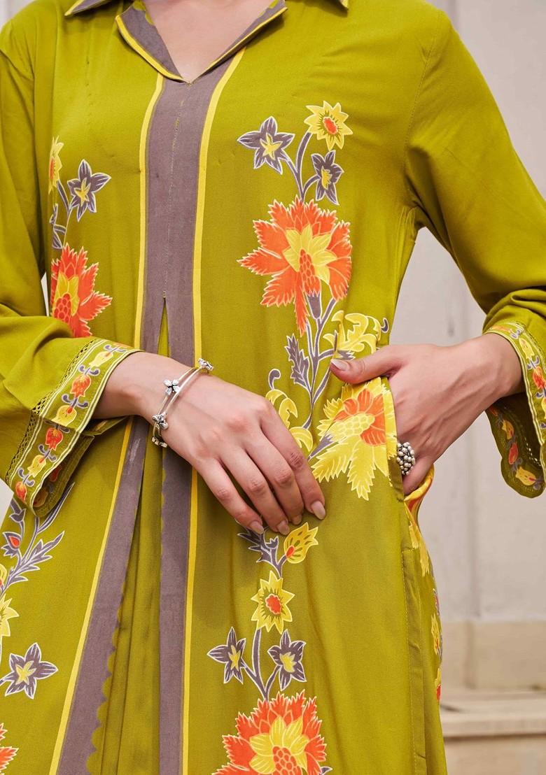Olive Embroidered Poly Blended Kurta Sets - Indya