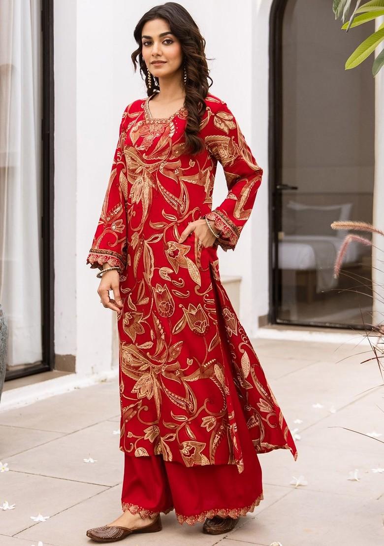 Red Embroidered Poly Blended Kurta Sets