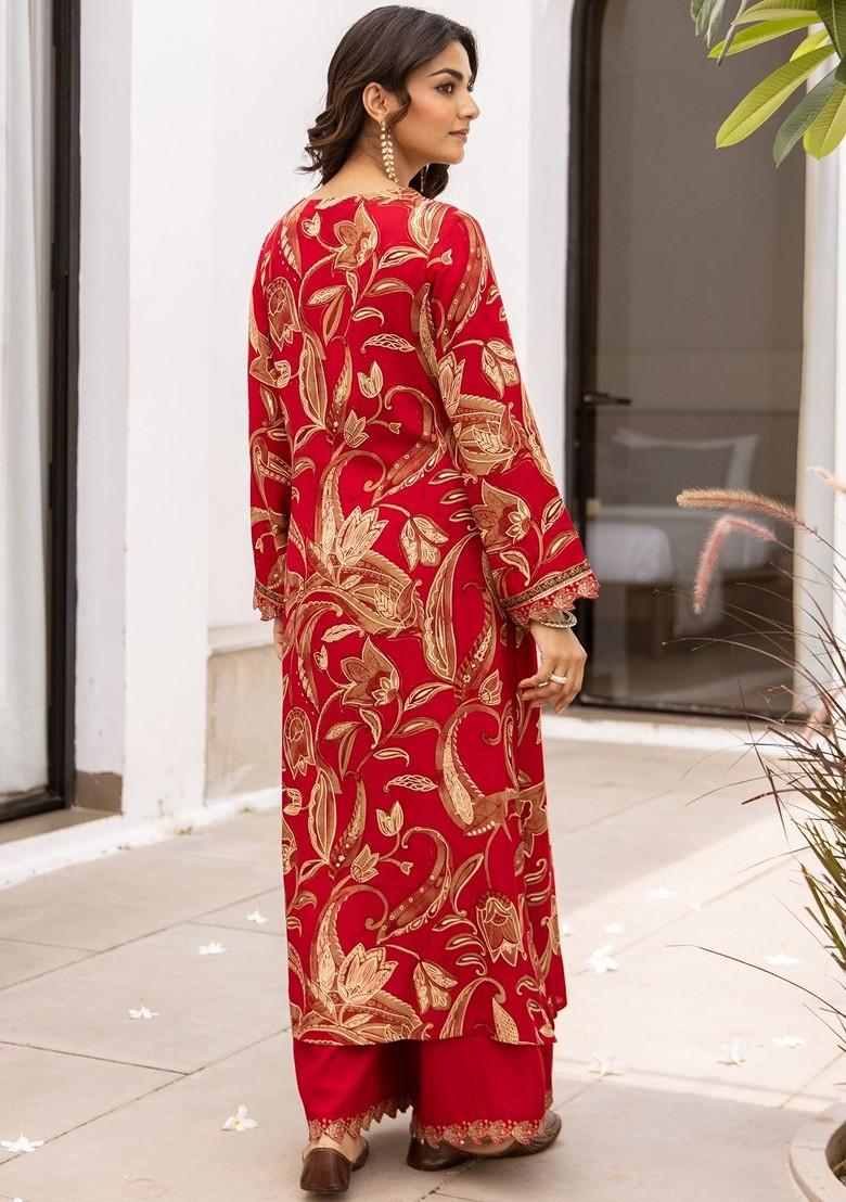 Red Embroidered Poly Blended Kurta Sets