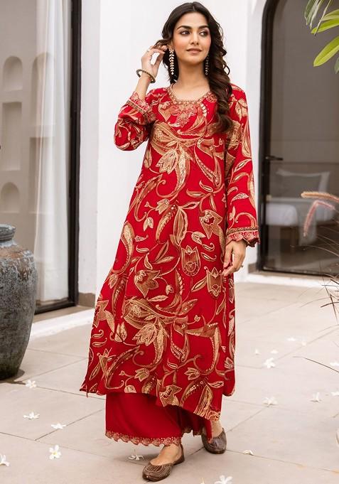 Red Embroidered Poly Blended Kurta Sets