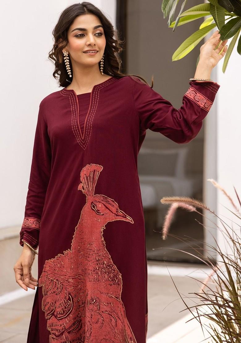 Maroon Embroidered Poly Blended Kurta Sets - Indya