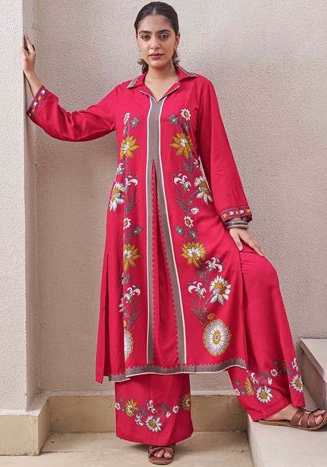 Red Embroidered Poly Blended Kurta Sets