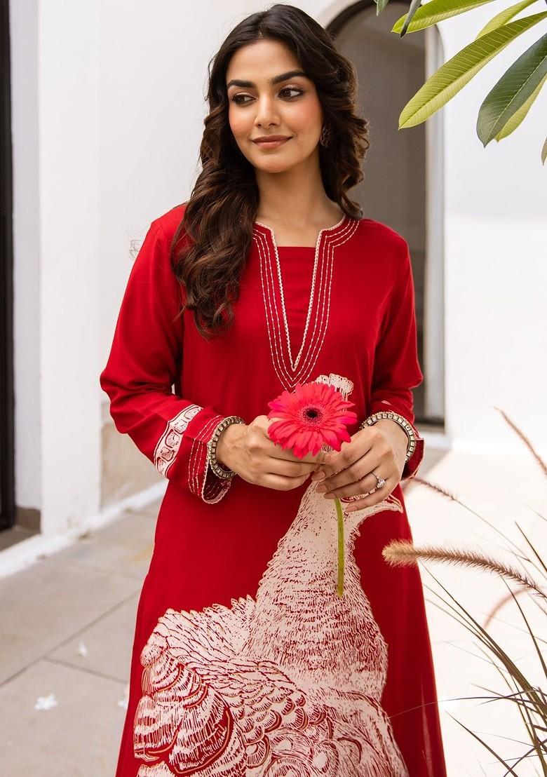 Red Embroidered Poly Blended Kurta Sets