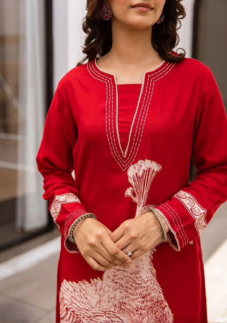 Red Embroidered Poly Blended Kurta Sets