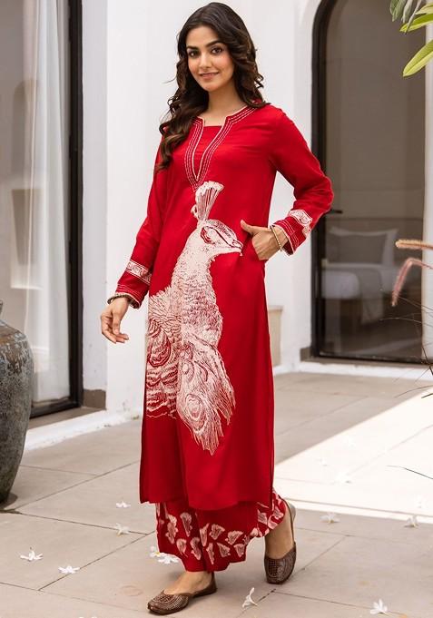 Red Embroidered Poly Blended Kurta Sets