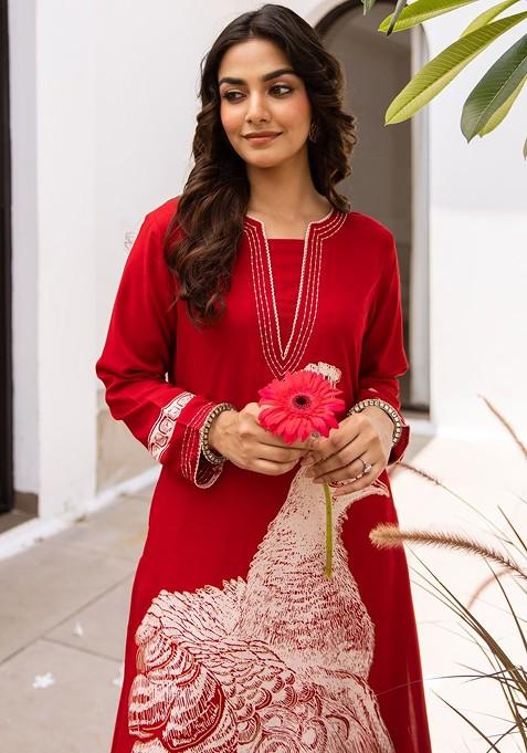 Red Embroidered Poly Blended Kurta Sets
