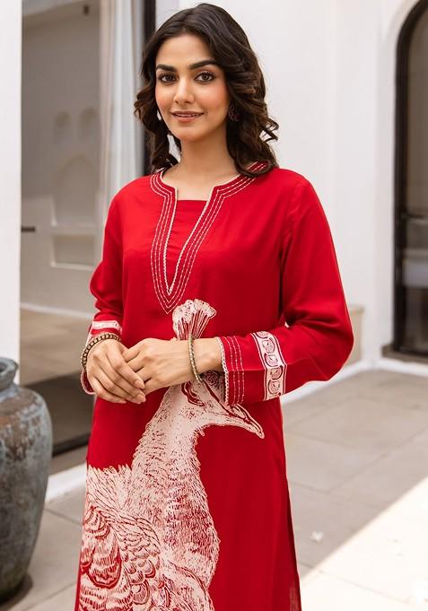 Red Embroidered Poly Blended Kurta Sets
