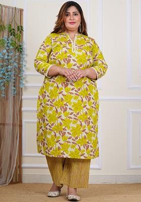 Lime Green Embroidered Poly Blended Kurta Sets