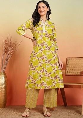 Lime Green Embroidered Poly Blended Kurta Sets