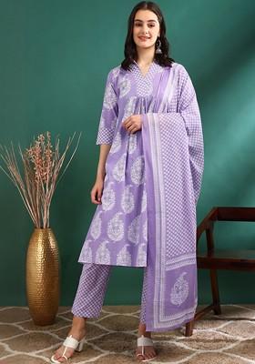 Lavender Embroidered Poly Blended Kurta Sets