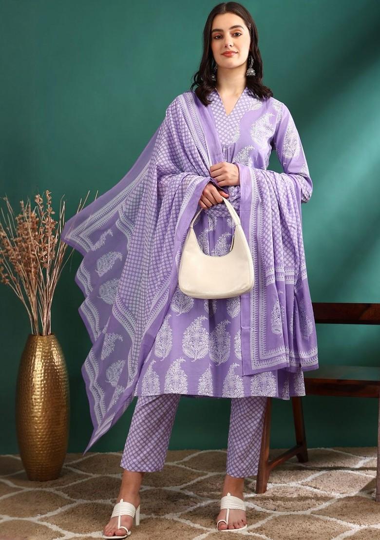 Lavender Embroidered Poly Blended Kurta Sets - Indya