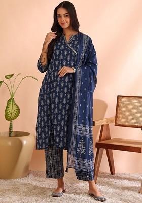 Navy Blue Embroidered Poly Blended Kurta Sets