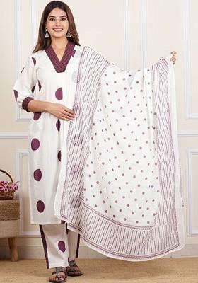 Off White Embroidered Poly Blended Kurta Sets